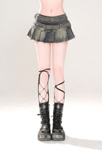 Studded Belt Pleated Denim Mini Skirt