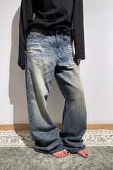 Embroidered Slouchy Straight Denim Trousers