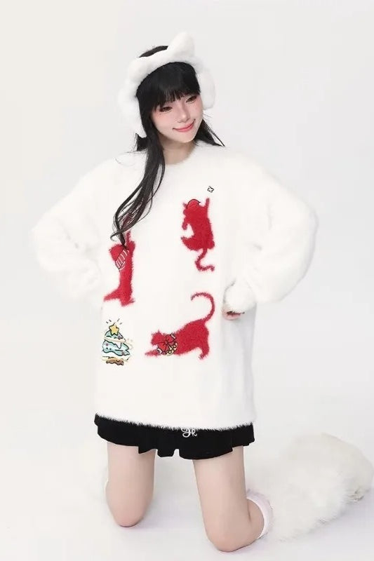 Adorable Cat Print Christmas Round Neck Women's Knit Sweater Secondary image