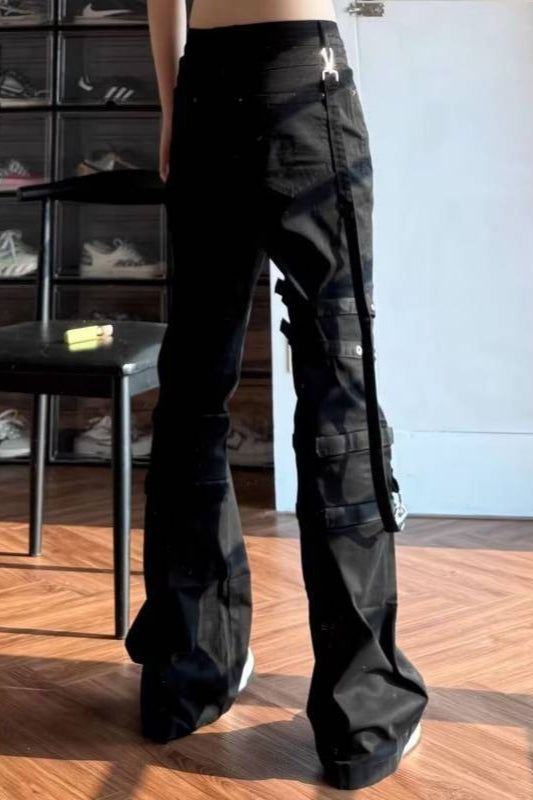 Strap Buckle Flared Cargo Jeans