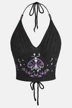 Gothic Moth Embroidery Halter Top