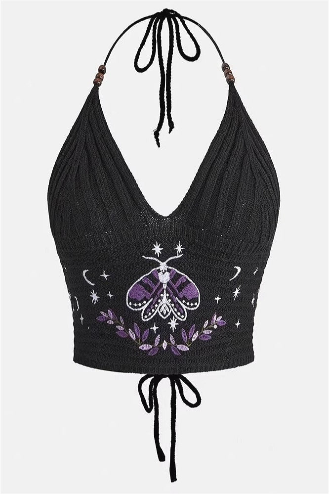 Gothic Moth Embroidery Halter Top