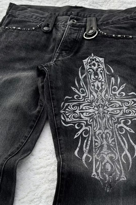 Cross Graphic Washed Wide Leg Jeans