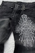 Cross Graphic Washed Wide Leg Jeans