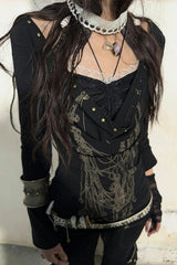 Tattoo Print Fake Two-piece Gothic Knit Top