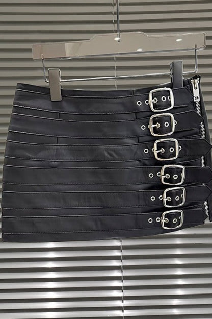 Black Buckle Faux Leather Mini Skirt
