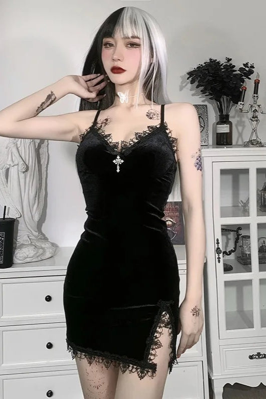 Black Cross Spaghetti Strap High Waist Slit Mini Dress Main image