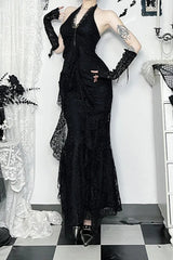 Cyber Y2K Halter Lace Pleat Hem Bodycon Maxi Dress