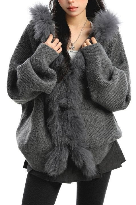Plush Trim Hooded Button Sweaters