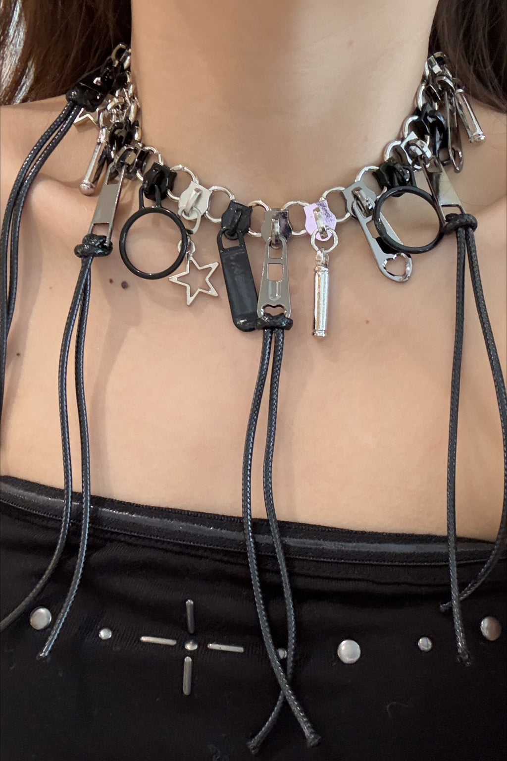 Black Zipper Leather Cord Necklace