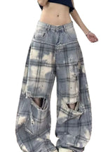 Ripped Plaid Wide Leg Denim Pants