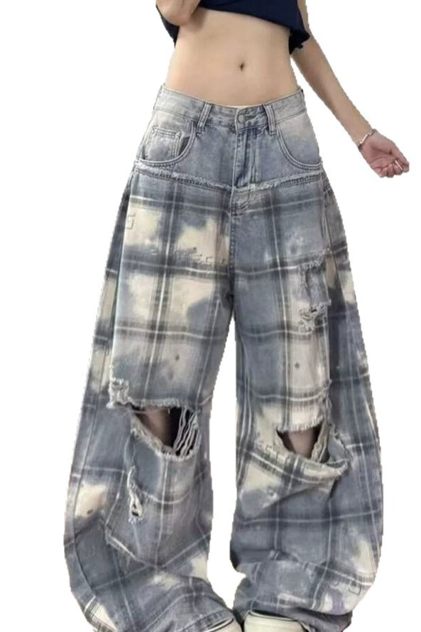 Ripped Plaid Wide Leg Denim Pants