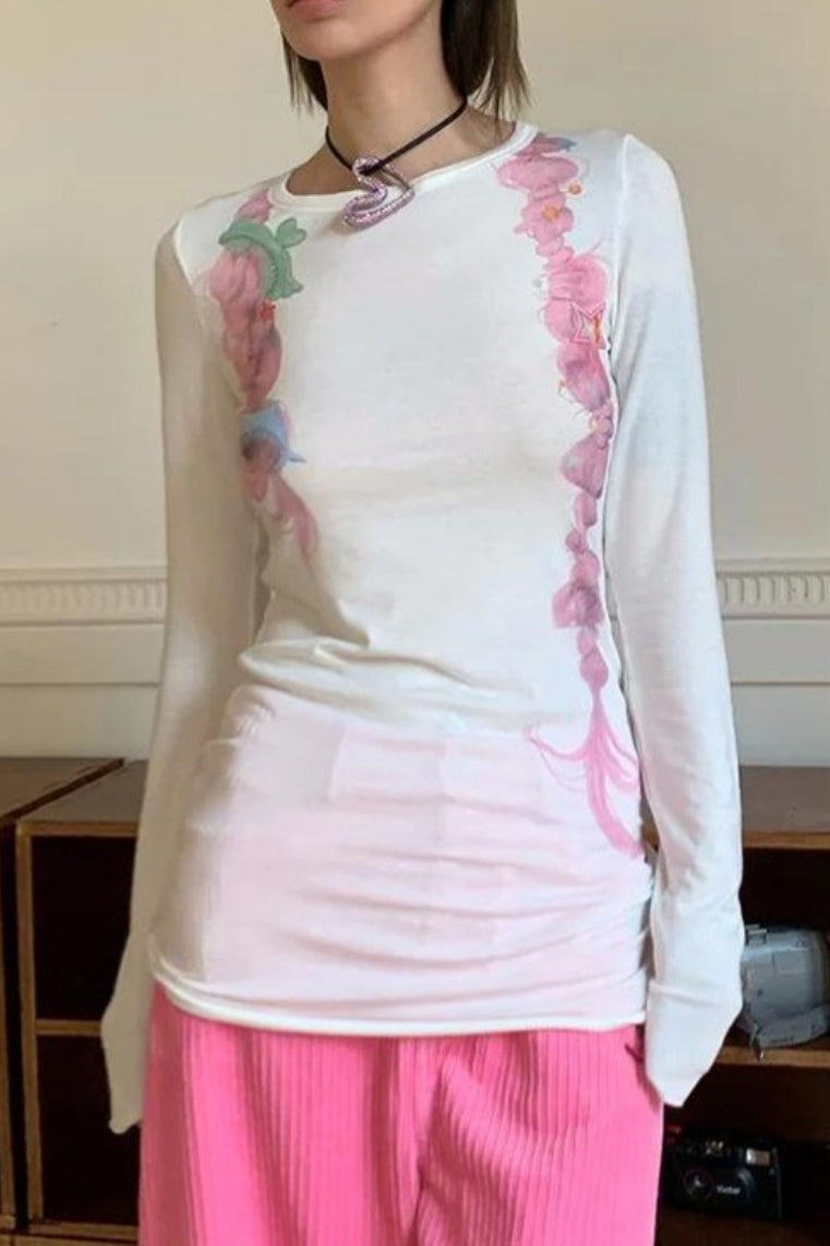 Vintage Dreamy Braided Hair Print Long Sleeve T-shirt