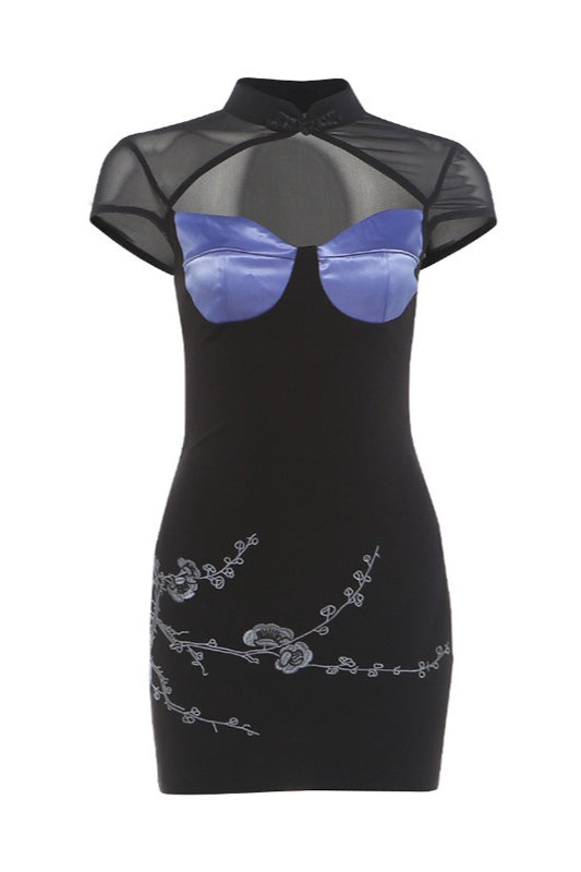 Blue Bust Contrast Mesh Mini Dress