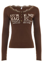 Lace Neck Letter Print Crop Tops