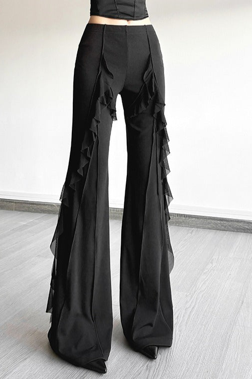 Cascading Ruffle Black Flared Pants