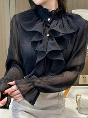 Ruffled Flare Sleeve Mesh Blouse