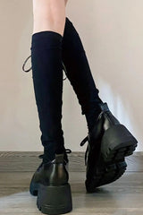 Black Lace-Up Slim Mid-Calf Socks