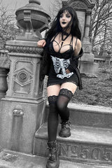 Skull Print Lace Patchwork Spaghetti Strap Bodycon Mini Dress