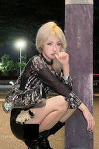 Grunge Streetwear Graphic Mesh Long Sleeve Mesh Top