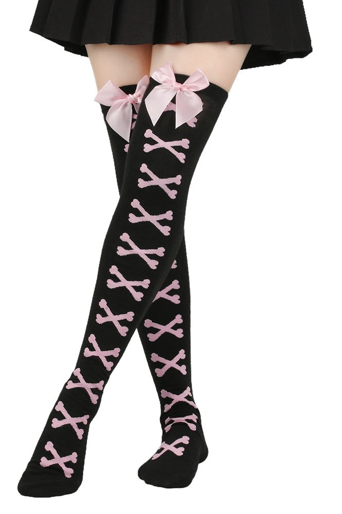 Bow Crossbones Over Knee Socks