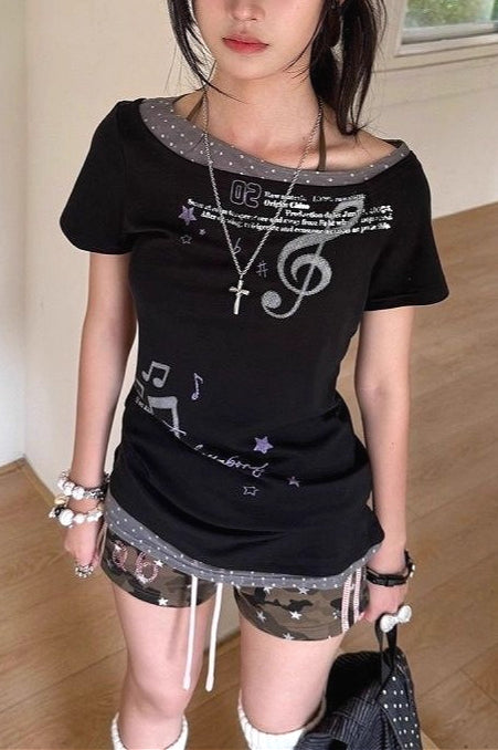 Y2K Slim Off-shoulder Music Note Printed T-shirt Secondary image