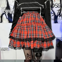 Preppy Plaid Patchwork Lace Skirt