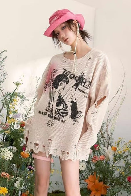 Vintage Distressed Loose-Fit Knit Sweater Main image