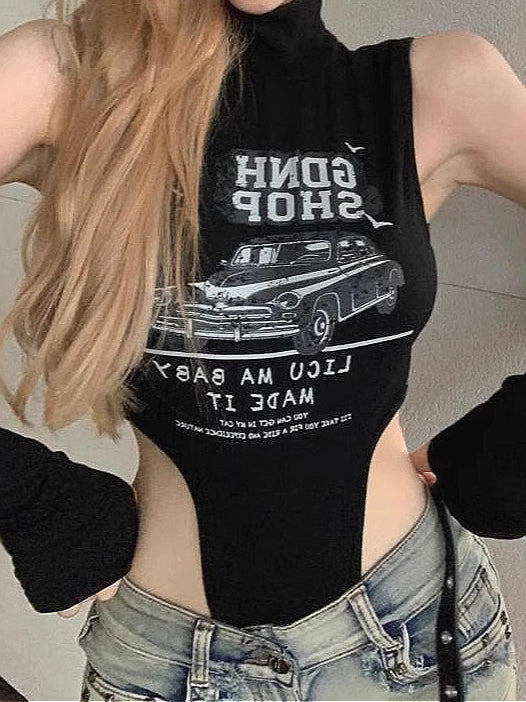 High Neck Printed Bodysuit Tank Top