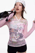 Y2K Spicy Girl Off-Shoulder Print Mesh Top