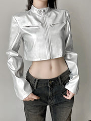 Casual Silver Stand Collar Zip Up Crop Coat