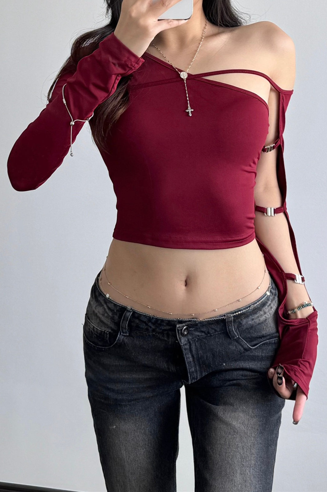 Asymmetric Neck Cutout Long Sleeve Top