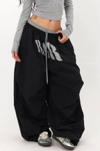 Layered Waistband Baggy Drawstring Pants