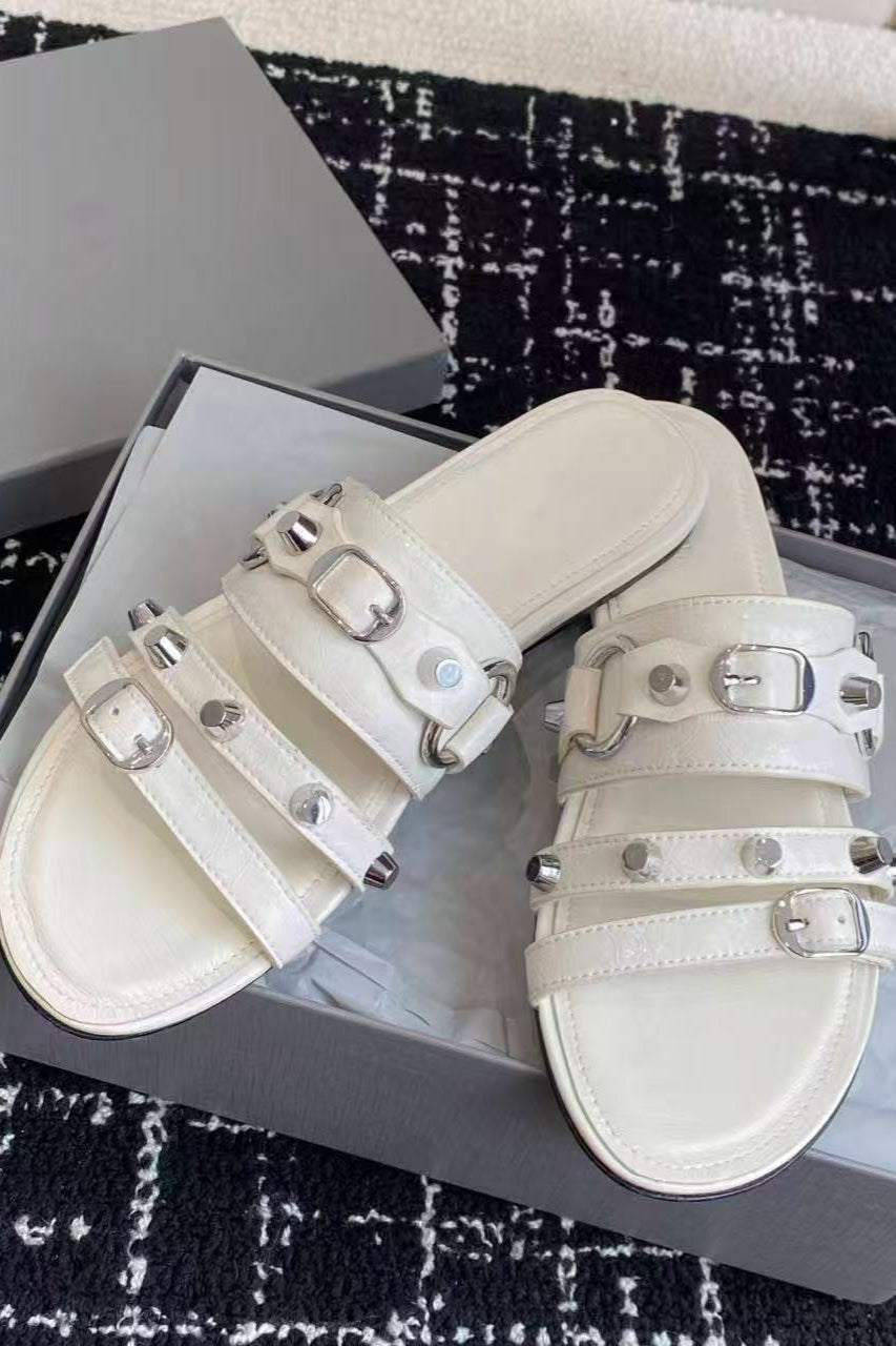 Multi-Buckle Studded Flat Slides