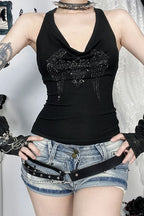 Cross Rhinestone Draped Neck Backless Tank Top