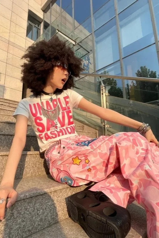 Pink Camouflage Anime Embroidery Pants Secondary image