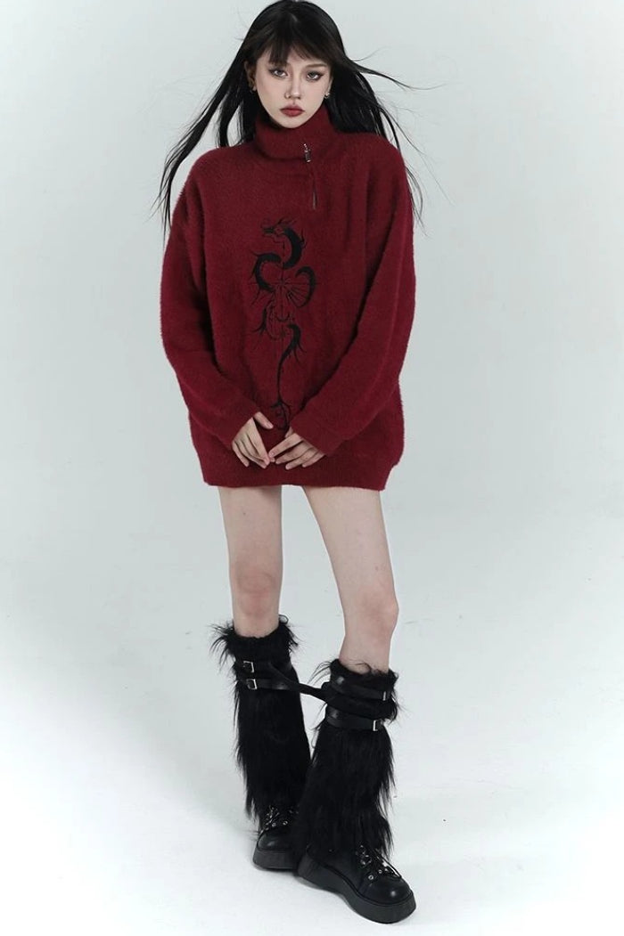 Y2K Grunge Red Zipper Print Oversized Streetwear Sweater Secondary image
