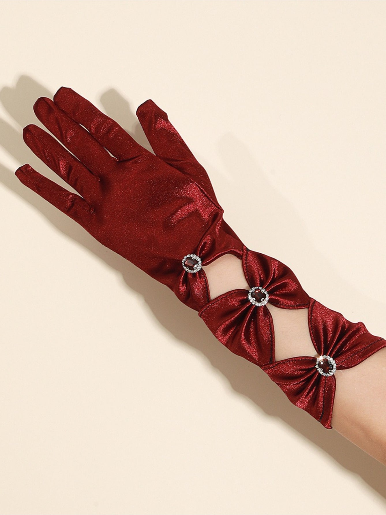 Gothic Black Rhinestone Mid-length Satin Formal Gloves Secondary image