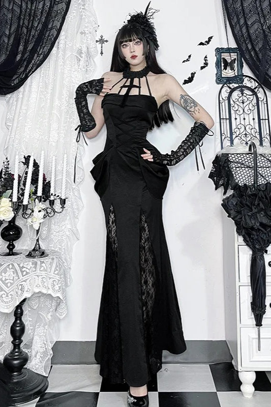 Vintage Alt Goth Lace Patchwork See Through Maxi Dress Main image