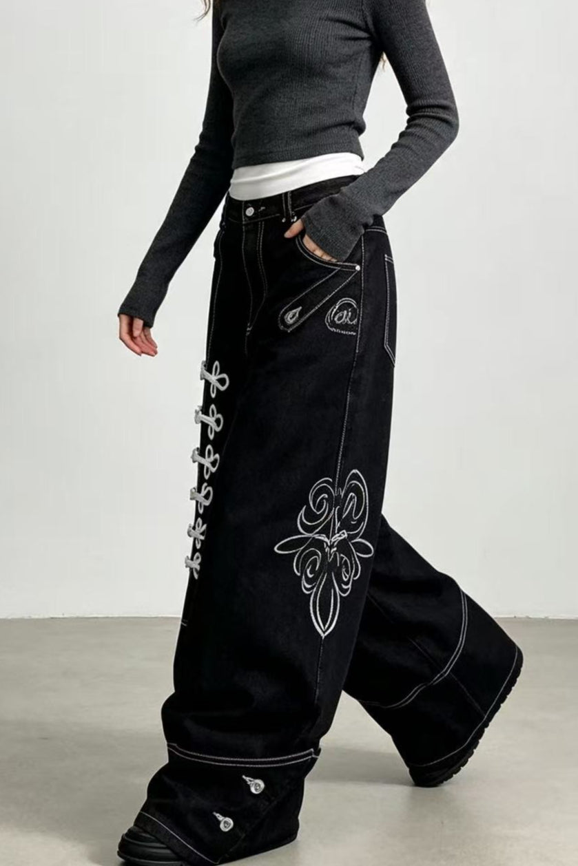 Safety Pin Motif Denim Pants