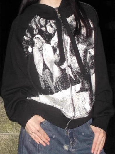 Black White Retro Zip Up Loose Hoodie Secondary image