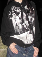 Black White Retro Zip Up Loose Hoodie