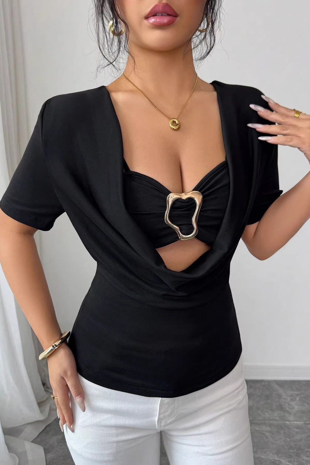 Draped Buckle Neck Short Sleeve T-Shirt