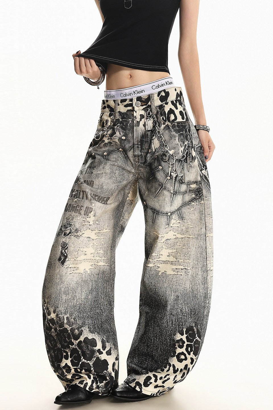 Leopard Panel Washed Denim Pants