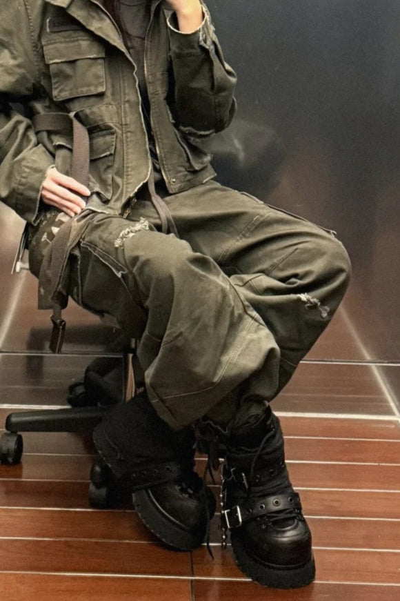Buckle Chain Platform Combat Boots