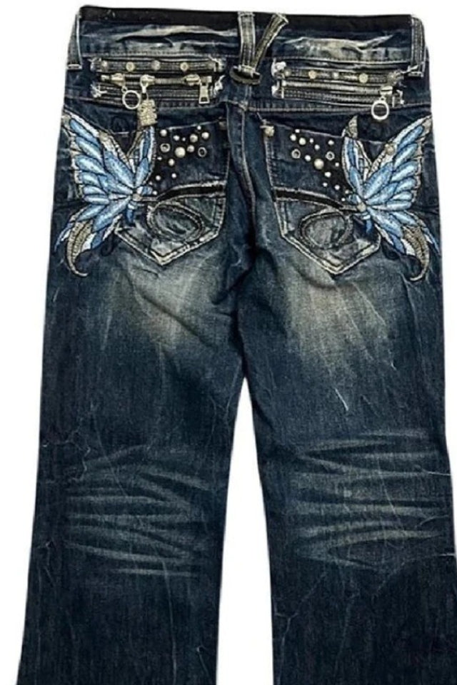 Butterfly Embroidered Low-Rise Flare Jeans