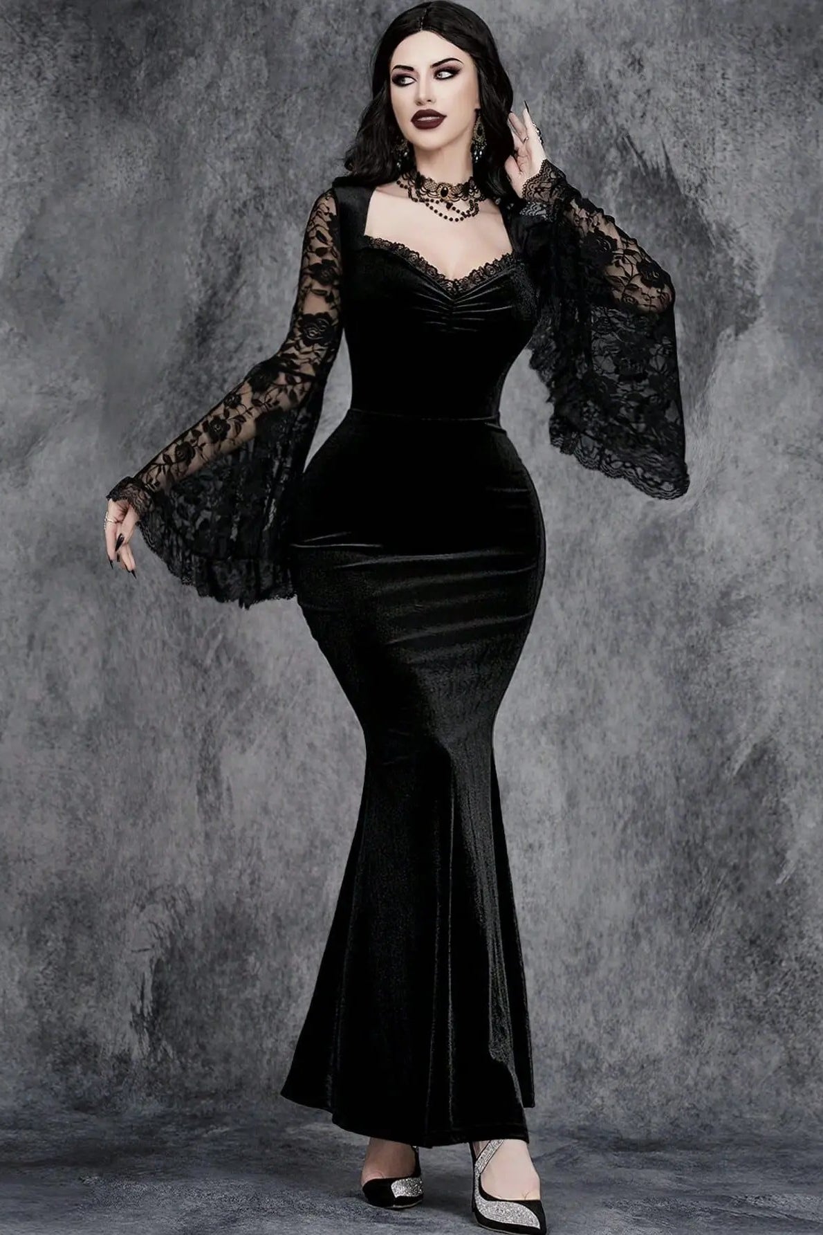 Gothic Vintage Lace Patchwork See Through Flare Sleeve Maxi Dress Main image