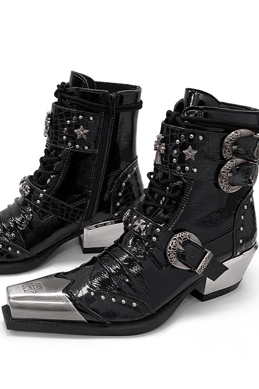 Studded Metal-Toe Cowboy Ankle Boots