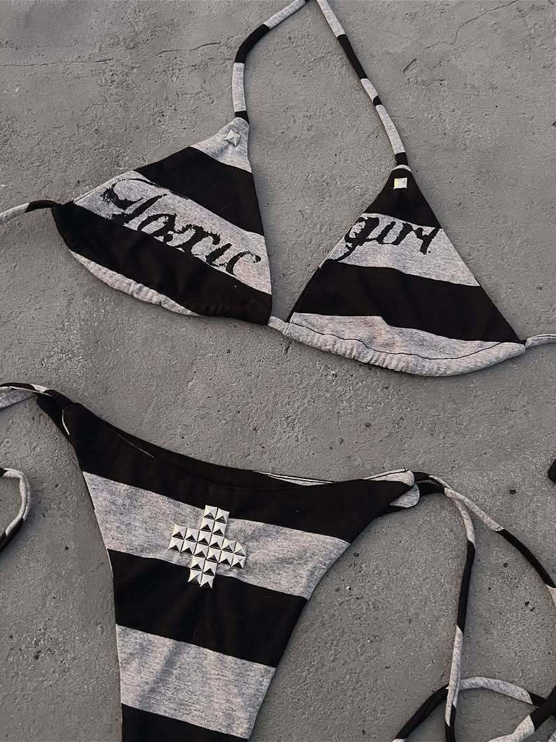Punk Street Print Cross Rhinestone Swimwear