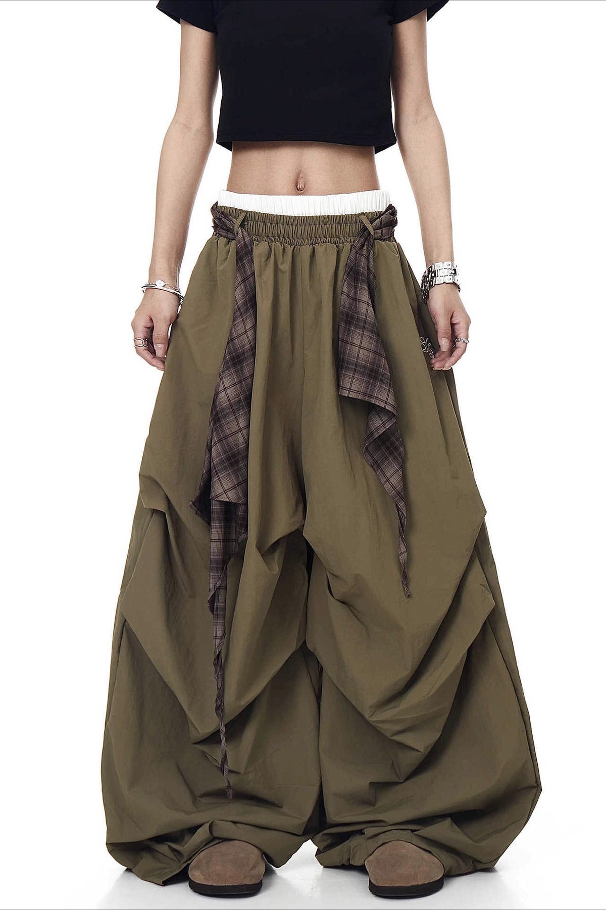 Plaid Accent Layered Wide Pants